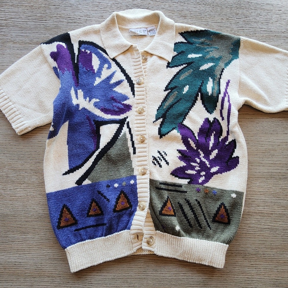 VTG 90s Russ Floral Geometric Knit Cardigan Sweater. Unisex cottagecore Y2K-era